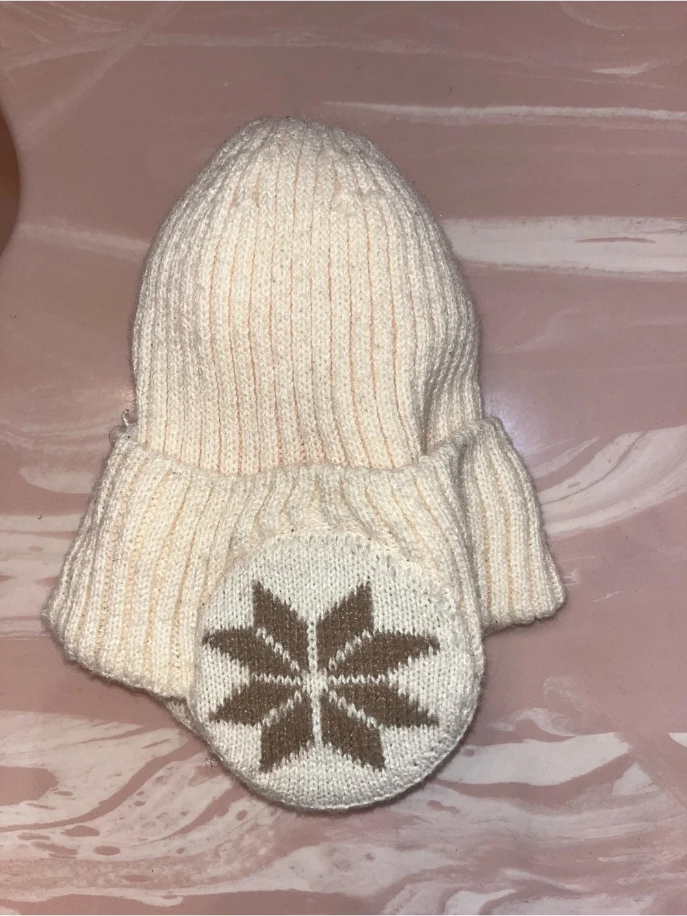 Cream Knit Winter Hat with Brown Star Ear Patches